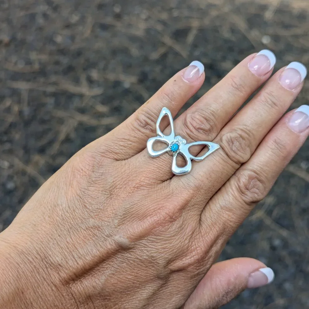 Navajo Turquoise Butterfly Ring Sterling Silver Handmade Native American Sz 5US*